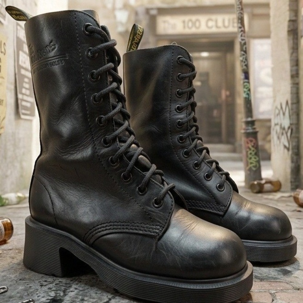 Dr. Martens Vintage Made in England Black Leather 10 Eye Block Heel Boots Size 3